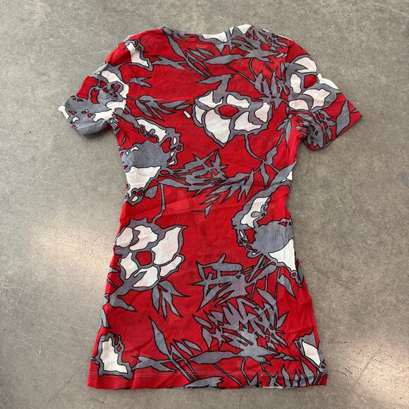Vintage Y2K Micro Sheer Psychedelic Karen Kane Red Floral Abstract Graphic Tee M - Picture 3 of 5